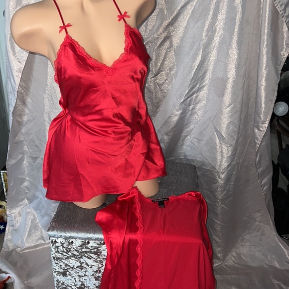 Victoria secret 2 piece set pajama silk satin dress and robe coverup bows red - Picture 6 of 7